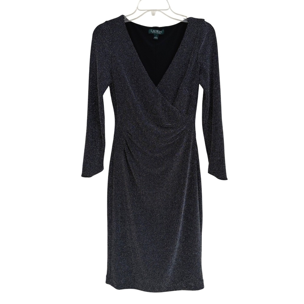 Lauren Ralph Lauren Metallic Shimmer Black Silver Wrap V-Neck Sheath Dress 2 EUC